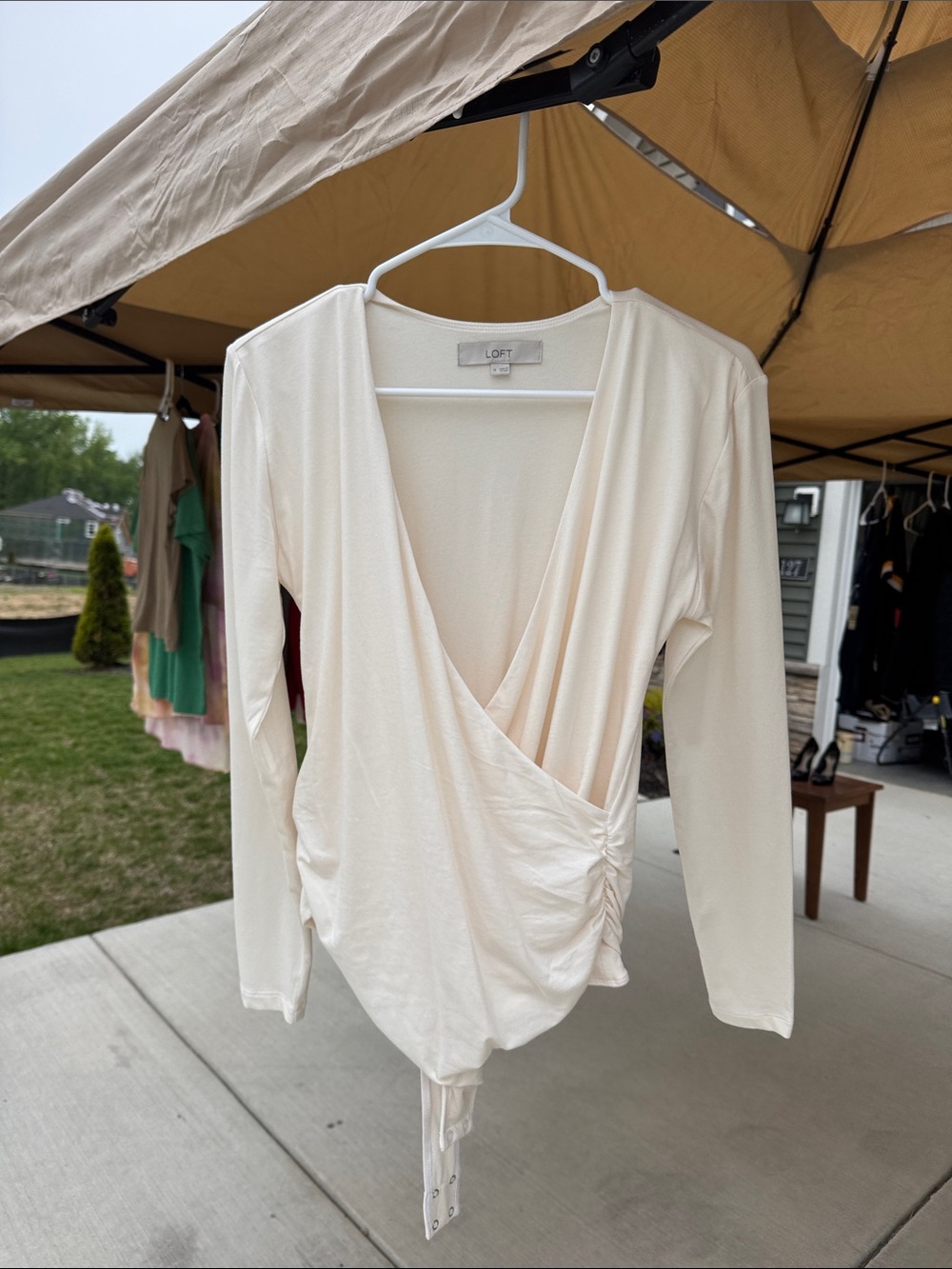 LOFT Cream Wrap-Style Long Sleeve Bodysuit